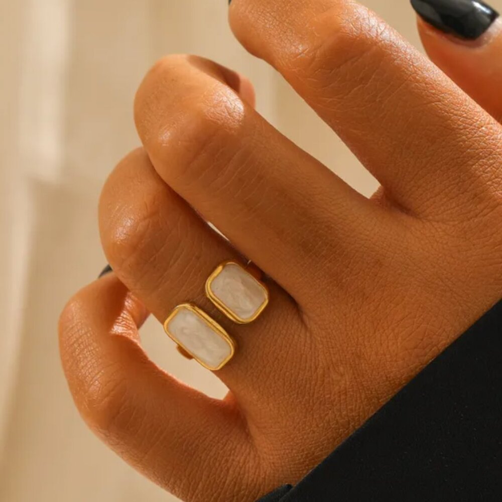 Gold Double White Stone Stainless Steel Square Adjustable Ring (R40)